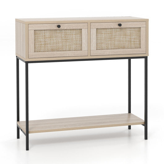 Rattan Console Table Boho Entryway Table with 2 Rattan Drawers and Open Storage Shelf-Oak W2B