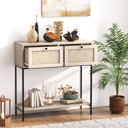 Rattan Console Table Boho Entryway Table with 2 Rattan Drawers and Open Storage Shelf-Oak W2B