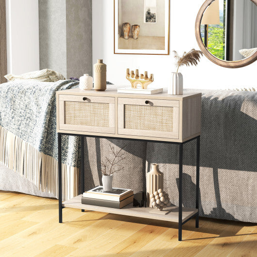 Rattan Console Table Boho Entryway Table with 2 Rattan Drawers and Open Storage Shelf-Oak W2B