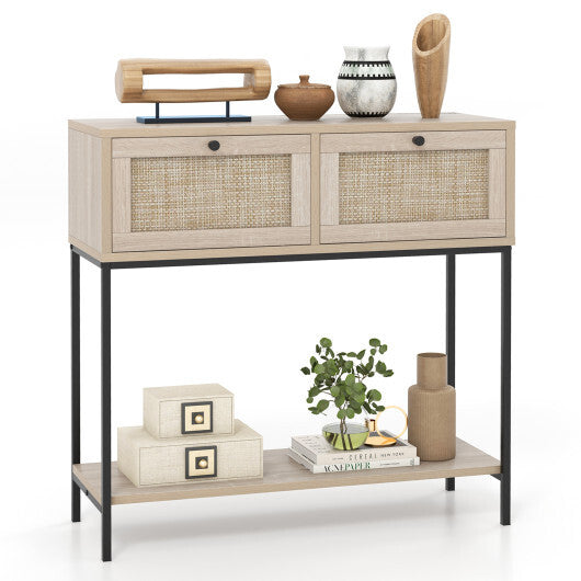 Rattan Console Table Boho Entryway Table with 2 Rattan Drawers and Open Storage Shelf-Oak W2B