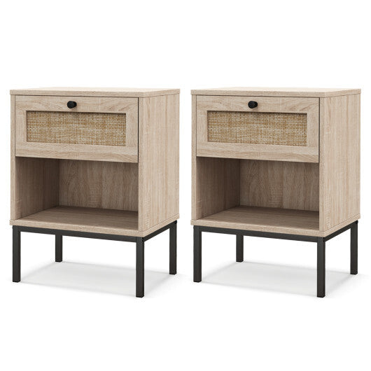 Rattan Nightstand Boho End Table with Rattan Drawer and Open Shelf Set of 2-White W2B