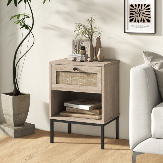 Rattan Nightstand Boho End Table with Rattan Drawer and Open Shelf Set of 2-White W2B