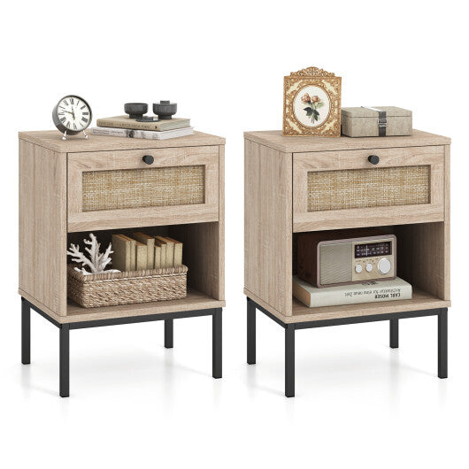 Rattan Nightstand Boho End Table with Rattan Drawer and Open Shelf Set of 2-White W2B