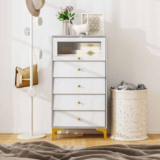 4 Drawer Modern Storage Cabinet with Flip Up Fluted Glass Door-Gray and White W2B