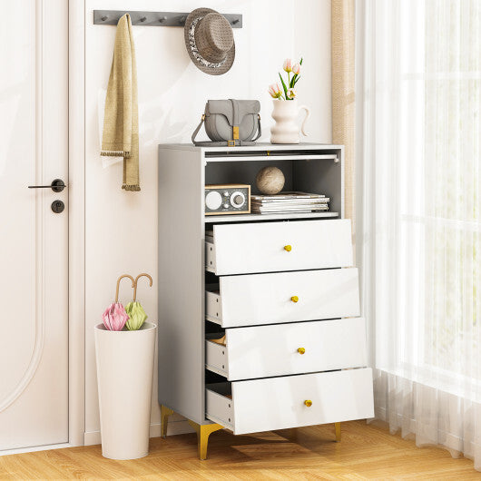 4 Drawer Modern Storage Cabinet with Flip Up Fluted Glass Door-Gray and White W2B