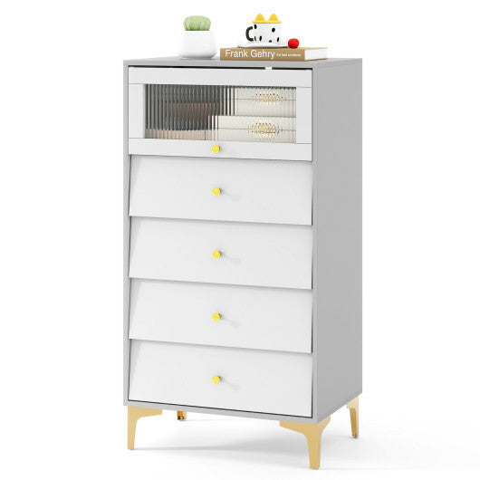 4 Drawer Modern Storage Cabinet with Flip Up Fluted Glass Door-Gray and White W2B