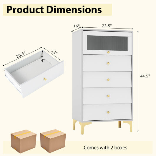 4 Drawer Modern Storage Cabinet with Flip Up Fluted Glass Door-Gray and White W2B