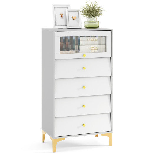 4 Drawer Modern Storage Cabinet with Flip Up Fluted Glass Door-Gray and White W2B