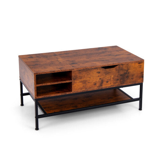 Lift Top Coffee Table with Hidden Compartment and Removable Storage Shelf-Rustic Brown W2B