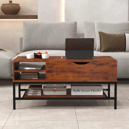 Lift Top Coffee Table with Hidden Compartment and Removable Storage Shelf-Rustic Brown W2B
