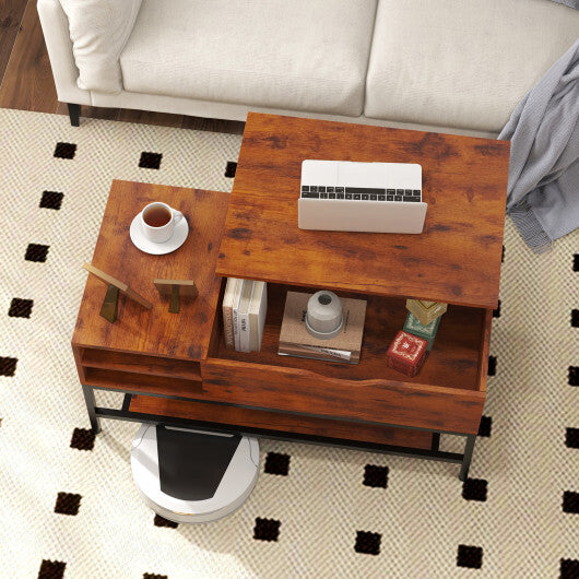 Lift Top Coffee Table with Hidden Compartment and Removable Storage Shelf-Rustic Brown W2B