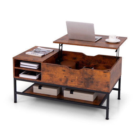 Lift Top Coffee Table with Hidden Compartment and Removable Storage Shelf-Rustic Brown W2B