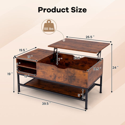 Lift Top Coffee Table with Hidden Compartment and Removable Storage Shelf-Rustic Brown W2B
