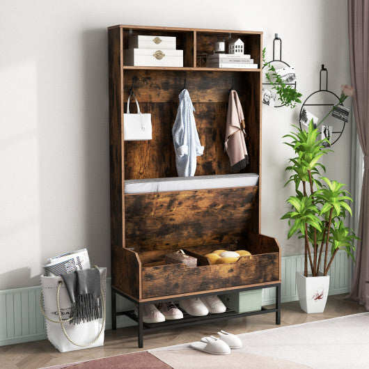 69 Inches Tall Hall Tree 4-in-1 Coat Rack with Seat Cushion and Shoe Storage-Rustic Brown W2B