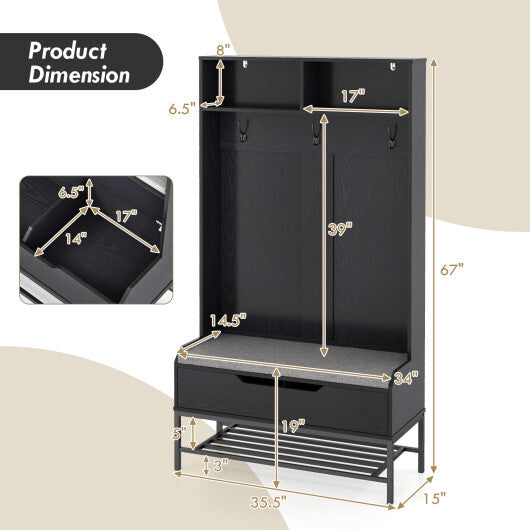 69 Inches Tall Hall Tree 4-in-1 Coat Rack with Seat Cushion and Shoe Storage-Rustic Brown