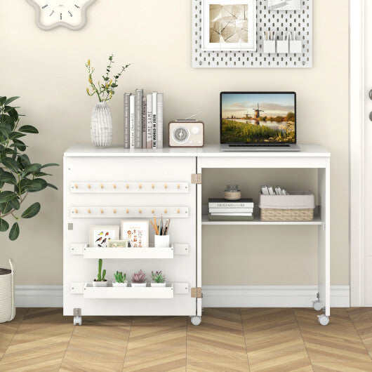 Folding Sewing Table with Storage Shelf and 5 Lockable Wheels-Natural