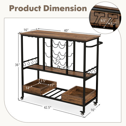 3 Tiers Bar Cart on Wheels with Glass Racks-Rustic Brown