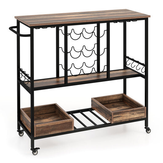 3 Tiers Bar Cart on Wheels with Glass Racks-Rustic Brown