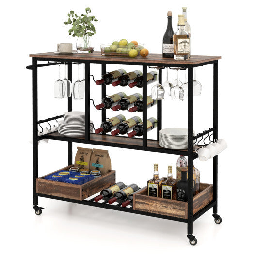 3 Tiers Bar Cart on Wheels with Glass Racks-Rustic Brown