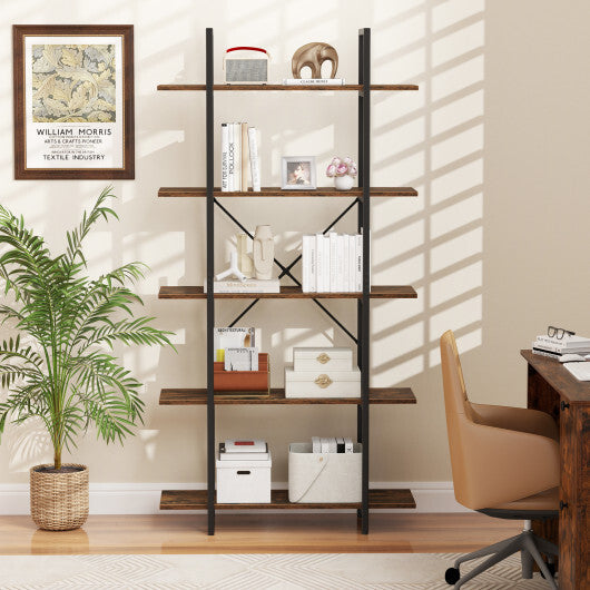 5-Tier 62 Inch Tall Vintage Industrial Bookcase with Open Storage Shelves-Rustic Brown W2B