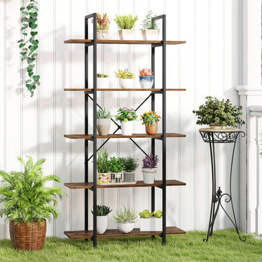 5-Tier 62 Inch Tall Vintage Industrial Bookcase with Open Storage Shelves-Rustic Brown W2B