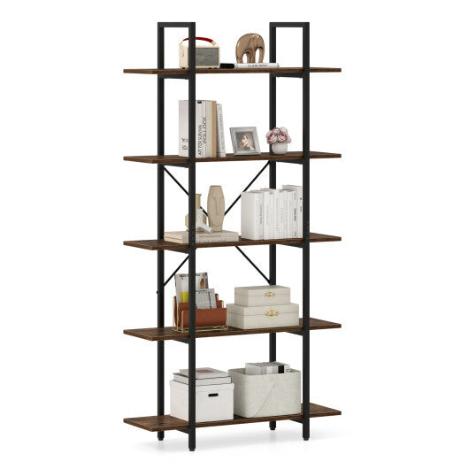 5-Tier 62 Inch Tall Vintage Industrial Bookcase with Open Storage Shelves-Rustic Brown W2B