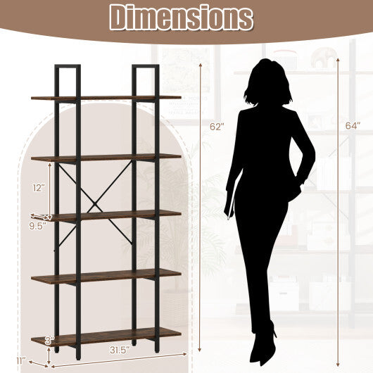 5-Tier 62 Inch Tall Vintage Industrial Bookcase with Open Storage Shelves-Rustic Brown W2B