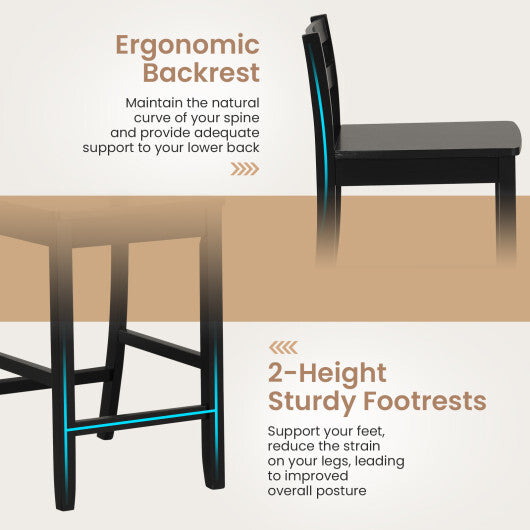 Wooden Bar Stools Set of 2 with Ergonomic Backrest and Footrest-Black W2B