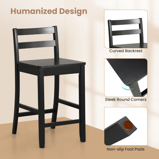 Wooden Bar Stools Set of 2 with Ergonomic Backrest and Footrest-Black W2B