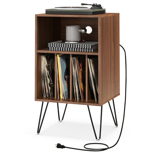 Record Player Stand with Charging Station for Living Room Bedroom-Rustic Brown W2B