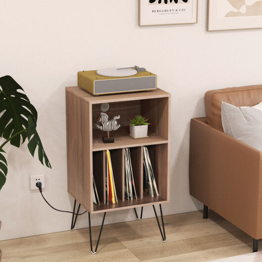 Record Player Stand with Charging Station for Living Room Bedroom-Rustic Brown W2B