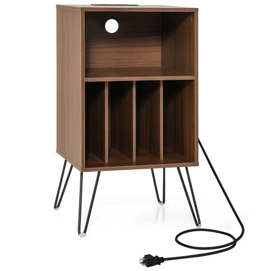 Record Player Stand with Charging Station for Living Room Bedroom-Rustic Brown W2B