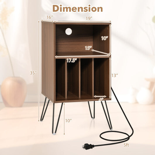 Record Player Stand with Charging Station for Living Room Bedroom-Rustic Brown W2B