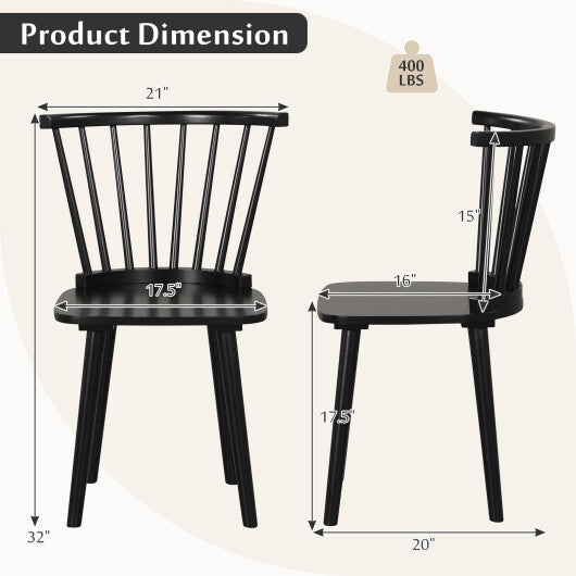 Windsor Dining Chairs Set of 2 Rubber Wood Kitchen Chairs with Spindle Back-Natural