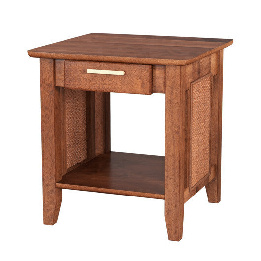 Rattan Nightstand End Table with Drawer and Storage Shelf-Walnut W2B