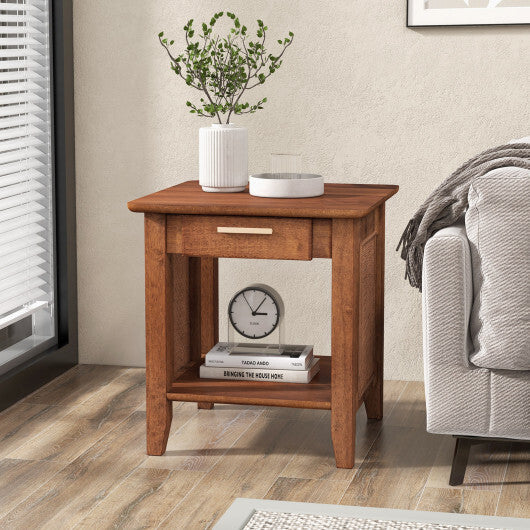 Rattan Nightstand End Table with Drawer and Storage Shelf-Walnut W2B