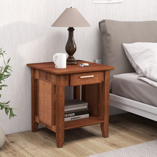 Rattan Nightstand End Table with Drawer and Storage Shelf-Walnut W2B