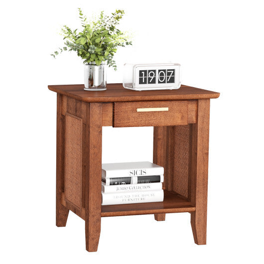 Rattan Nightstand End Table with Drawer and Storage Shelf-Walnut W2B