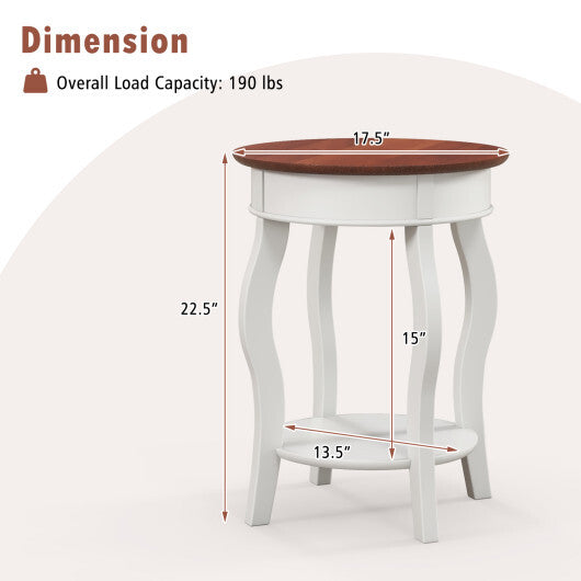 2-Tier Round End Table with Storage Shelf and Solid Rubber Wood Legs-Walnut & White W2B