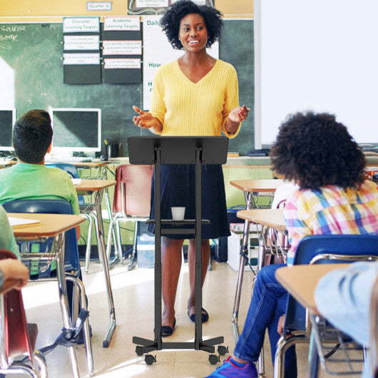 Mobile Lectern Podium Height-adjustable Rolling Laptop Cart with Tilting Top Storage Tray-White