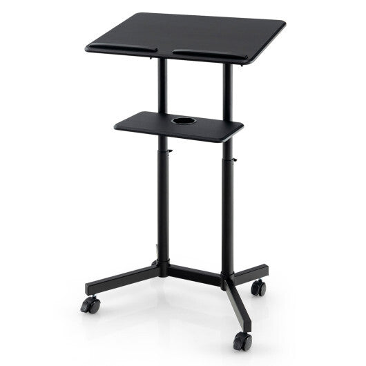 Mobile Lectern Podium Height-adjustable Rolling Laptop Cart with Tilting Top Storage Tray-White