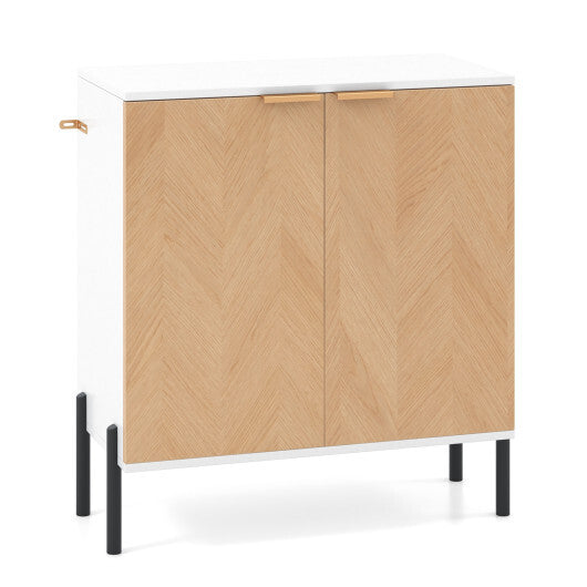 2-Door Buffet Cabinet Sideboard with Shelf and Metal Legs-White-Natural Wood - Color: Natural & White W2B