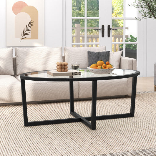 Glass Coffee Table Oval Living Room Table with Cross Base and Acacia Wood Legs-Black