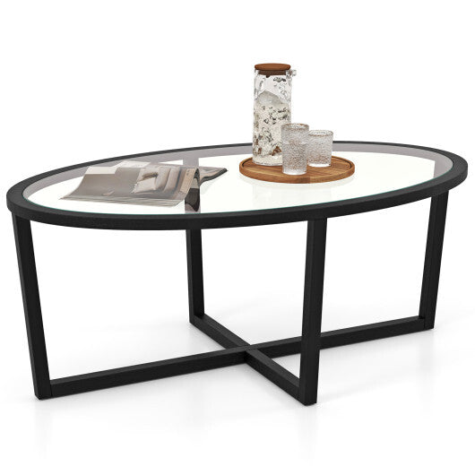Glass Coffee Table Oval Living Room Table with Cross Base and Acacia Wood Legs-Black