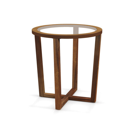 Modern Round End Table Sofa Side Table with Transparent Tempered Glass Top-Brown W2B