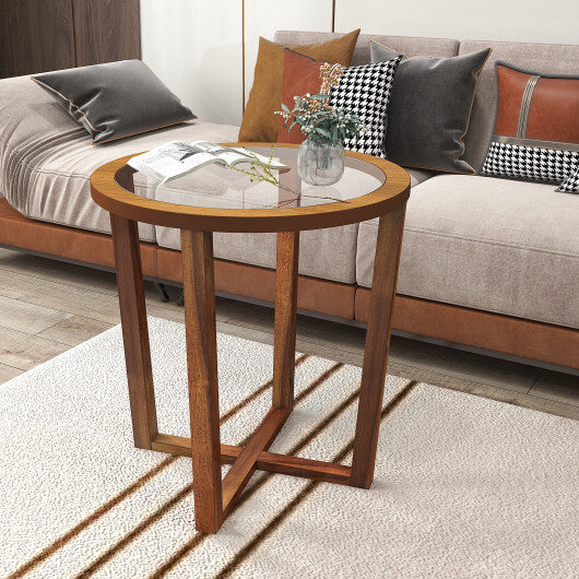 Modern Round End Table Sofa Side Table with Transparent Tempered Glass Top-Brown W2B