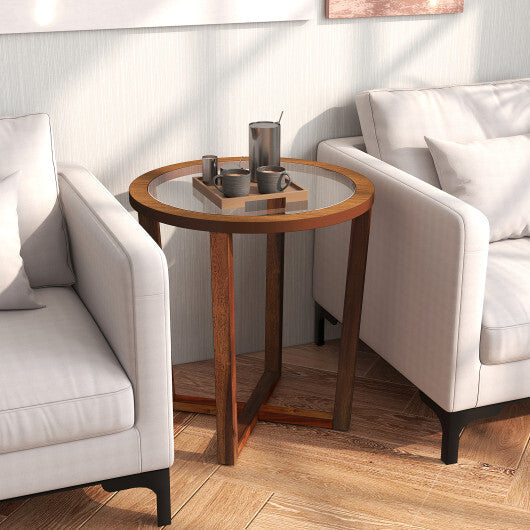 Modern Round End Table Sofa Side Table with Transparent Tempered Glass Top-Brown W2B