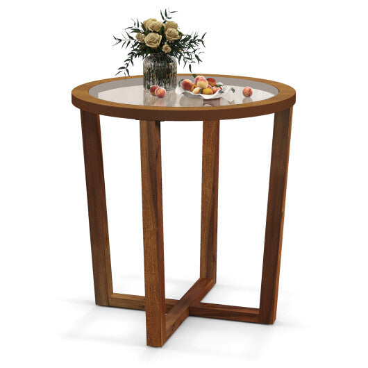 Modern Round End Table Sofa Side Table with Transparent Tempered Glass Top-Brown W2B