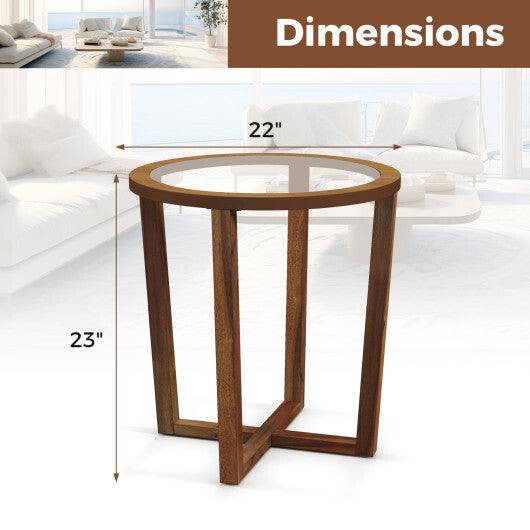 Modern Round End Table Sofa Side Table with Transparent Tempered Glass Top-Brown W2B
