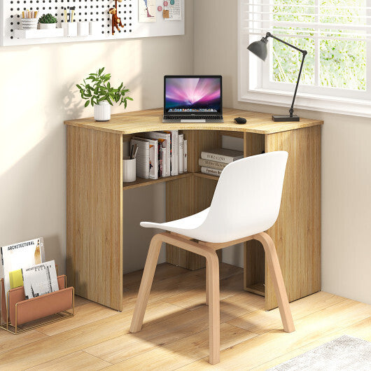 Corner Computer Desk Triangle Home Office Desk with Adjustable Shelf and Arc-Shaped Profile-White W2B